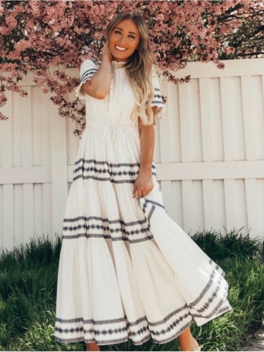 Ivy City Co Cream Maxi Dress with Black Trim